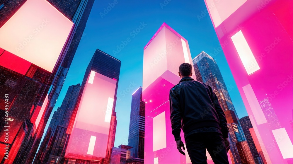 Man exploring a futuristic cityscape with glowing pink structures and towering modern skyscrapers