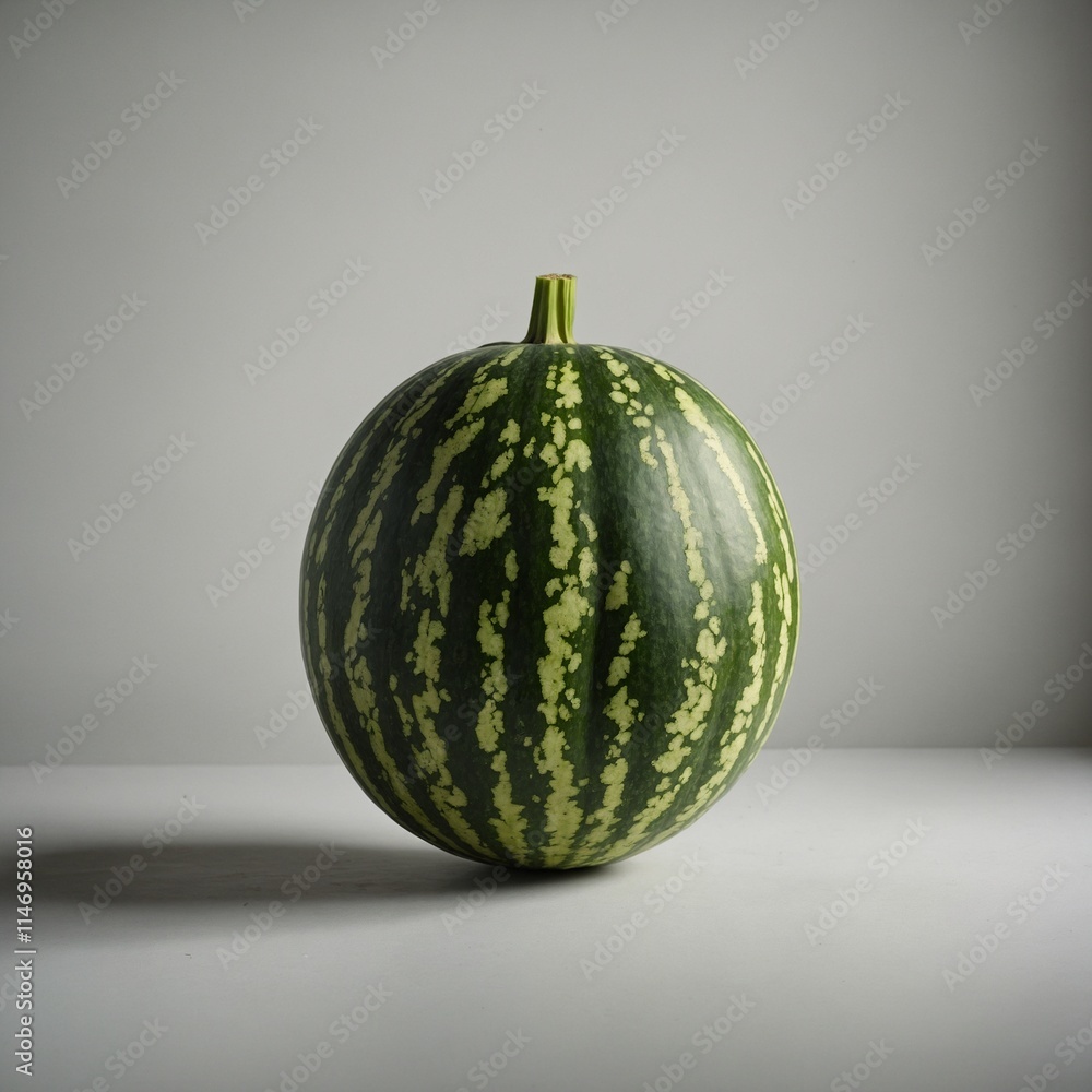 A single small, whole watermelon with a smooth green rind, placed upright on a white surface. A single small, whole watermelon with a smooth green rind, placed upright on a white surface.