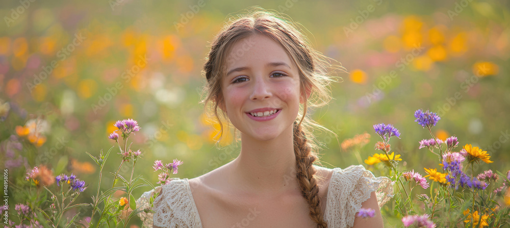 Young Woman in Meadow Embracing Spring Joy with Sunlit Wildflowers Young Woman in Meadow Embracing Spring Joy with Sunlit Wildflowers
