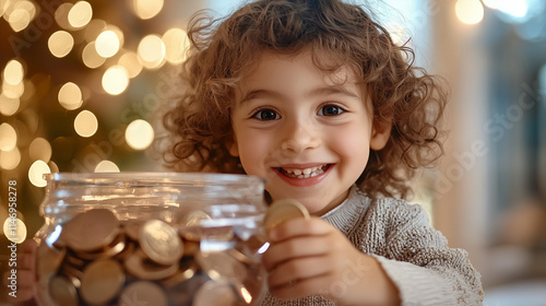 Child Donating Coins to Charity Box in Hanukkah Spirit
