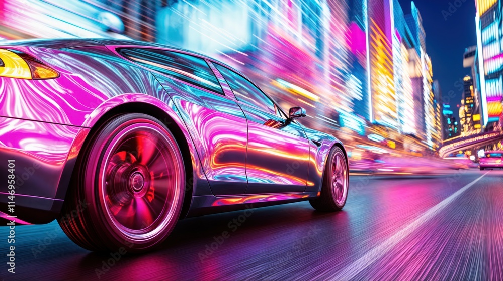 Luxury sports car speeding through a futuristic cityscape at night with neon reflections and vibrant colors
