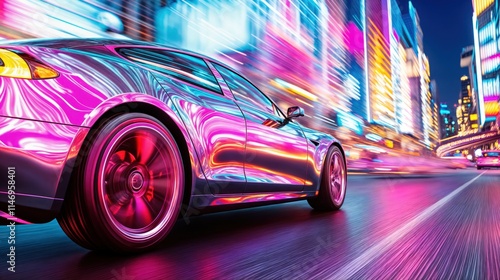 Obraz na płótnie Luxury sports car speeding through a futuristic cityscape at night with neon reflections and vibrant colors
w salonie