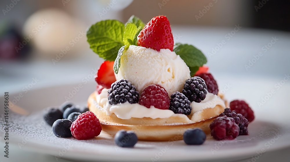 Gourmet vanilla ice cream served on crispy waffles with assorted fresh berries Gourmet vanilla ice cream served on crispy waffles with assorted fresh berries
