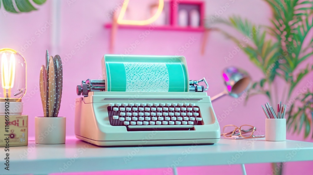 Retro typewriter in pastel workspace with modern decor and creative atmosphere