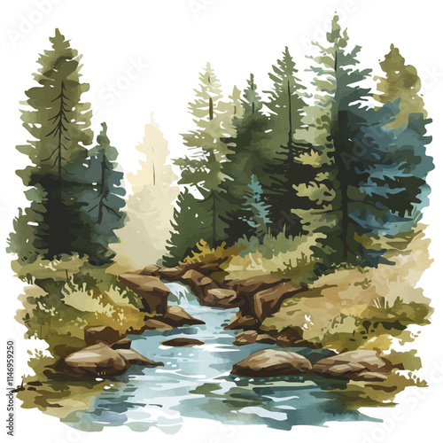 A watercolor of a cool stream flowing through a forest, isolated on a white background. Cool stream forest vector.
