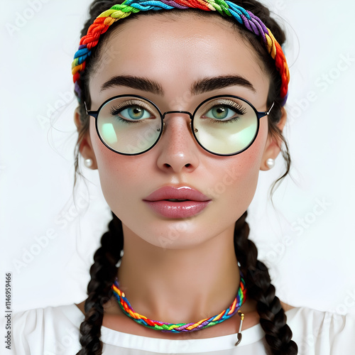 giovane donna hyppie con le trecce, occhiali e collana colorata, Young hyppie woman with pigtails, glasses and colorful necklace photo