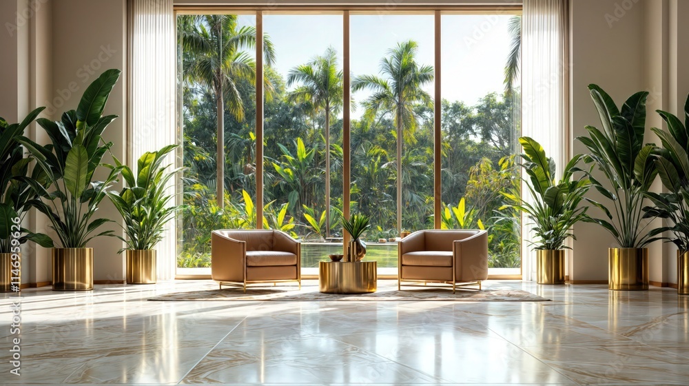 Luxurious living room with tropical plants and large windows overlooking exotic garden