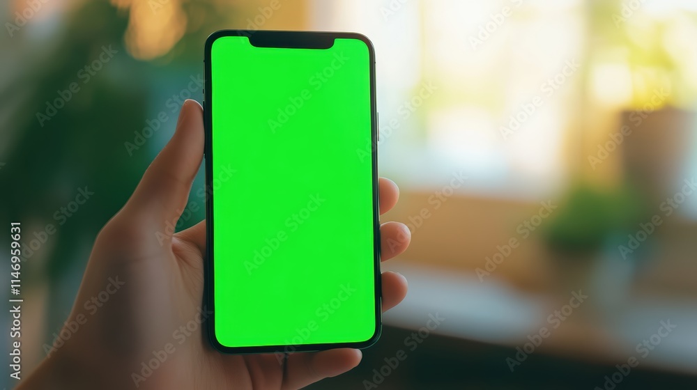 A smartphone held with a green screen in focus, showing hyper-realistic texture of the device and fingers. A smartphone held with a green screen in focus, showing hyper-realistic texture of the device and fingers.