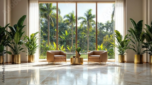 Obraz na płótnie Luxurious living room with tropical plants and large windows overlooking exotic garden
w salonie