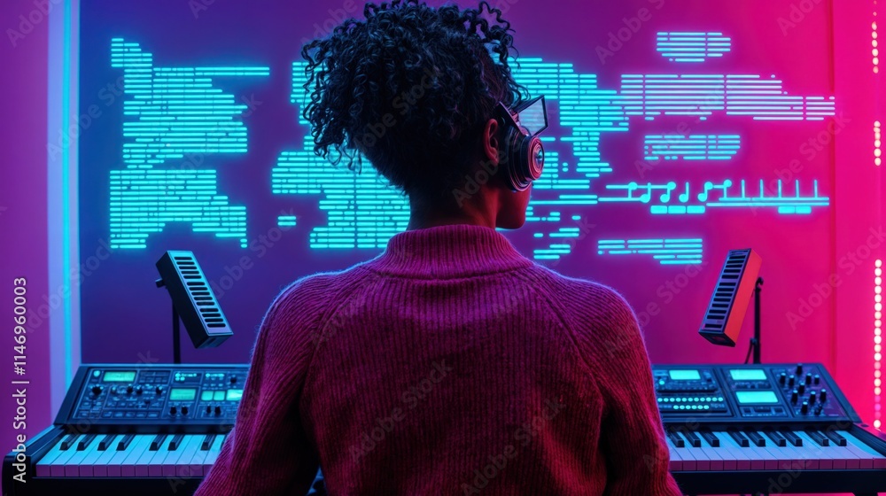Music producer creating electronic beats with synthesizer and digital interface in vibrant studio