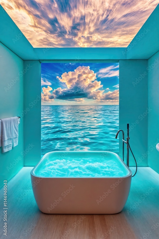 Modern bathroom with ocean view and relaxing jacuzzi under vibrant sky