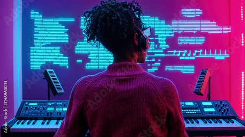 Obraz na płótnie Music producer creating electronic beats with synthesizer and digital interface in vibrant studio
w salonie