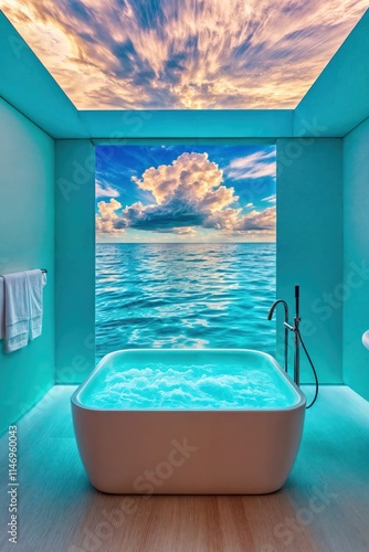 Obraz na płótnie Modern bathroom with ocean view and relaxing jacuzzi under vibrant sky
w salonie