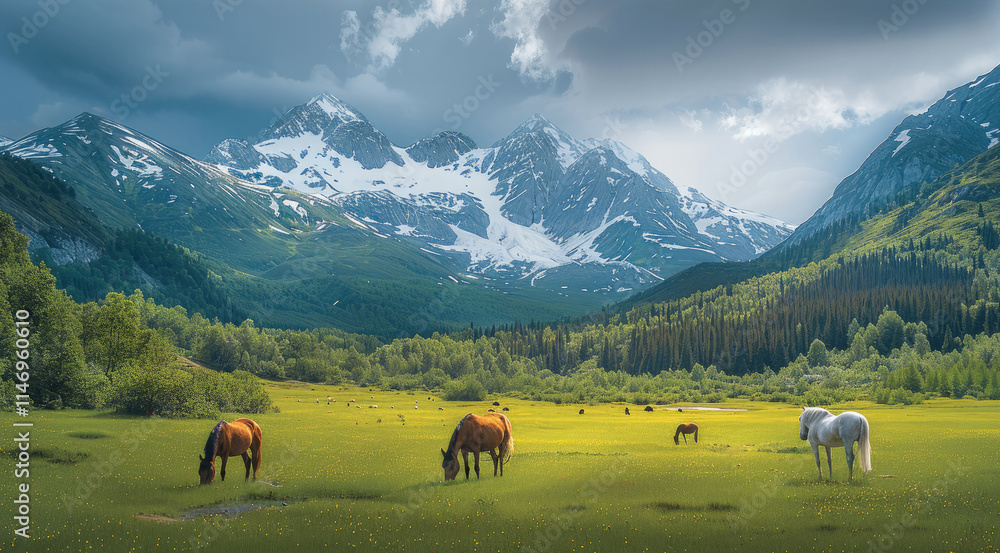 Obraz premium A green meadow with horses grazing in the foreground, surrounded by a dense forest and snow-capped mountains.