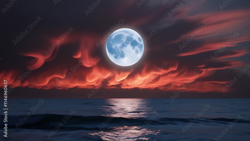 Capture the essence of tranquility and drama with this breathtaking nightscape featuring a luminous full moon illuminating the serene sea. The moon’s radiant glow reflects beautifully off the water. Capture the essence of tranquility and drama with this breathtaking nightscape featuring a luminous full moon illuminating the serene sea. The moon’s radiant glow reflects beautifully off the water.