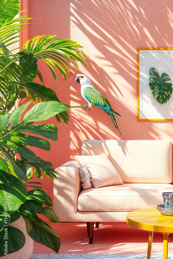 Tropical-themed living room with vibrant green plants, a parrot, and pastel furniture