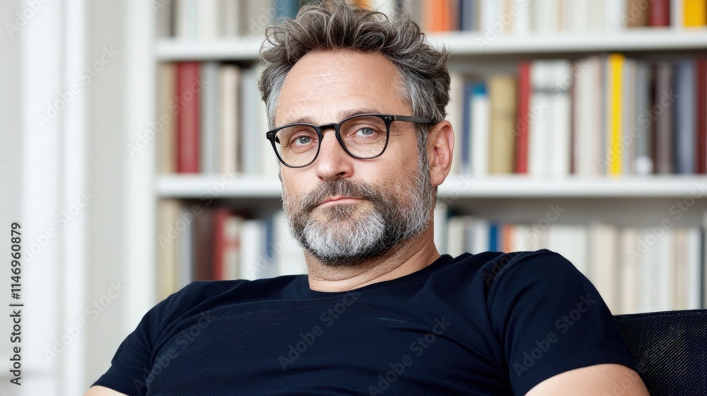 Portrait of a mature man with glasses, sitting in a chair, in a library. Portrait of a mature man with glasses, sitting in a chair, in a library.