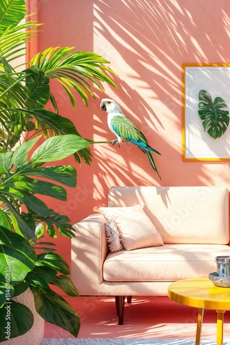 Obraz na płótnie Tropical-themed living room with vibrant green plants, a parrot, and pastel furniture
w salonie