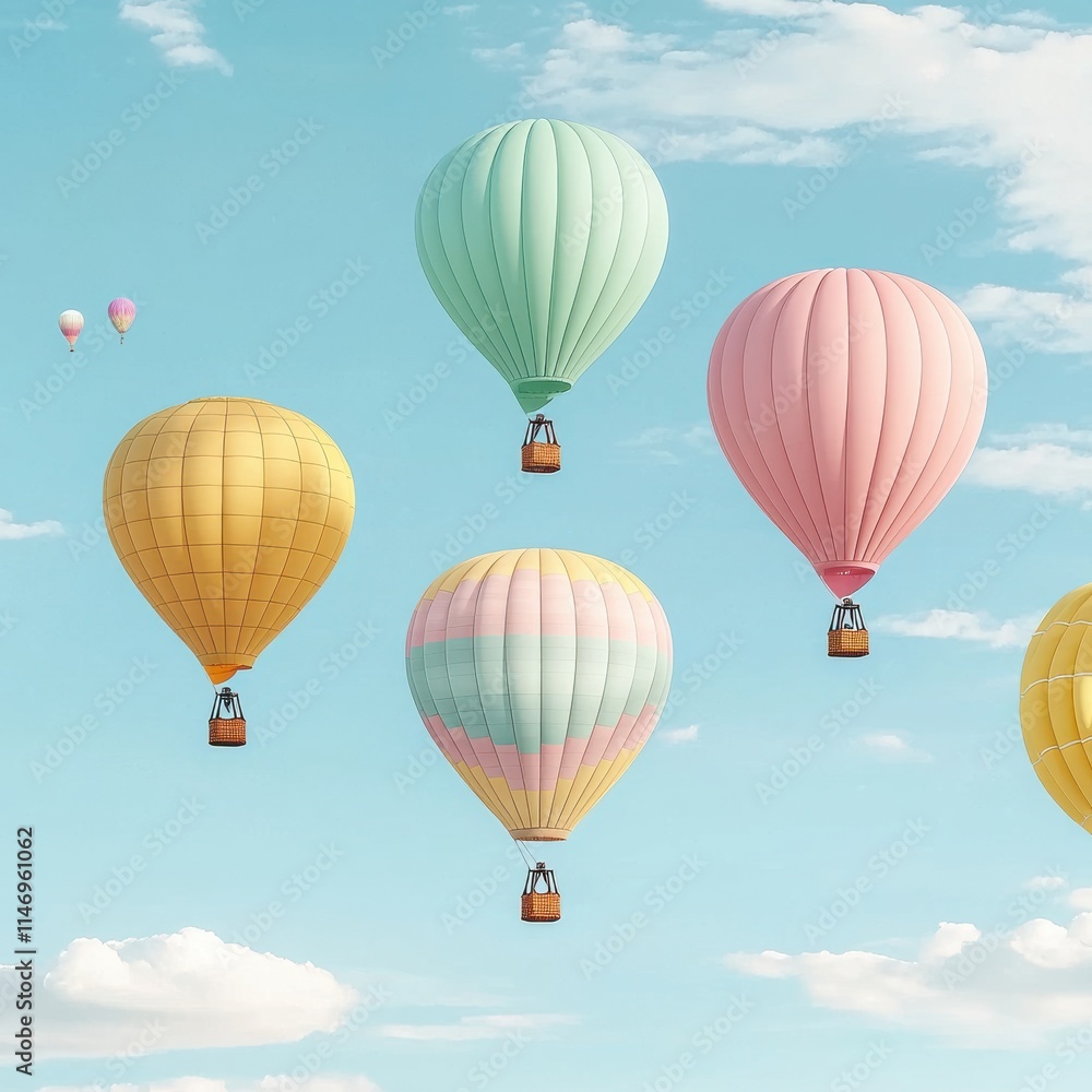 Colorful hot air balloons floating in a clear blue sky.