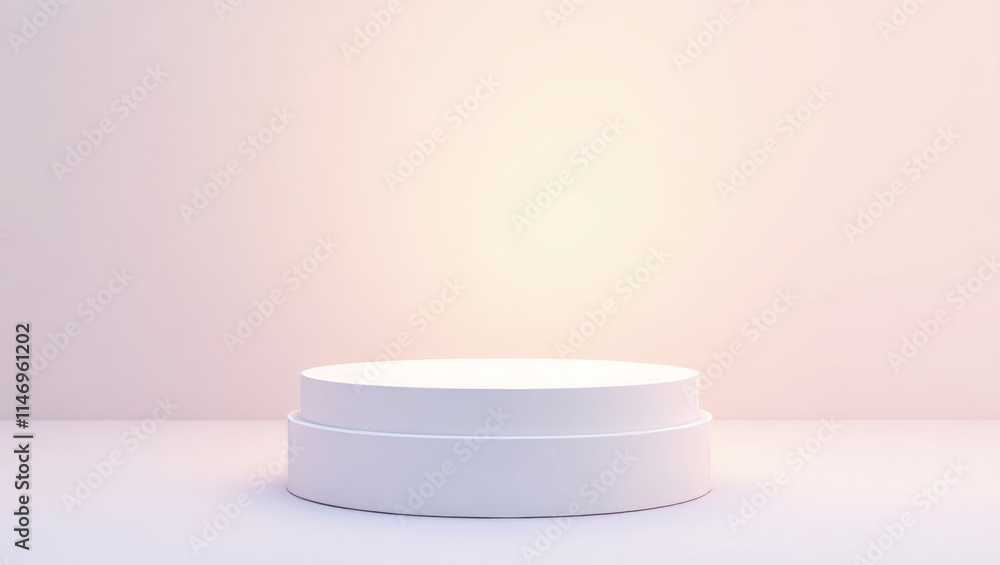 A sleek white podium with a rounded base for product display , set against a gradient pastel background from peach to lavender A sleek white podium with a rounded base for product display , set against a gradient pastel background from peach to lavender