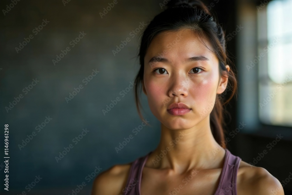 Portrait of young Asian woman after workout against loft studio background. Beautiful athletic female. Concept of sport and active lifestyle, copy space Portrait of young Asian woman after workout against loft studio background. Beautiful athletic female. Concept of sport and active lifestyle, copy space