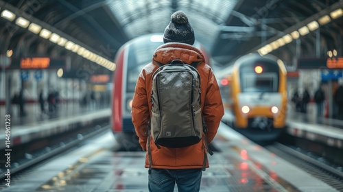 An Asian man wearing a winter down jacket at the high-speed rail station.