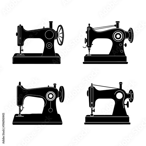set of sewing machine silhouette, black and white silhouette, vector and illustration