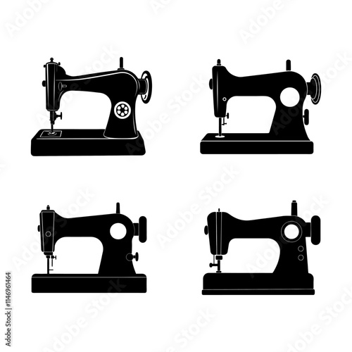 set of sewing machine silhouette, black and white silhouette, vector and illustration