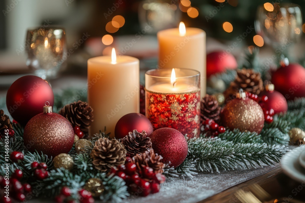 Festive Arrangement of Candles and Ornaments for Winter Festive Arrangement of Candles and Ornaments for Winter