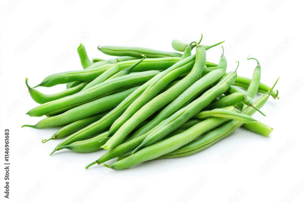 A pile of freshly picked green beans neatly arranged on a white background A pile of freshly picked green beans neatly arranged on a white background