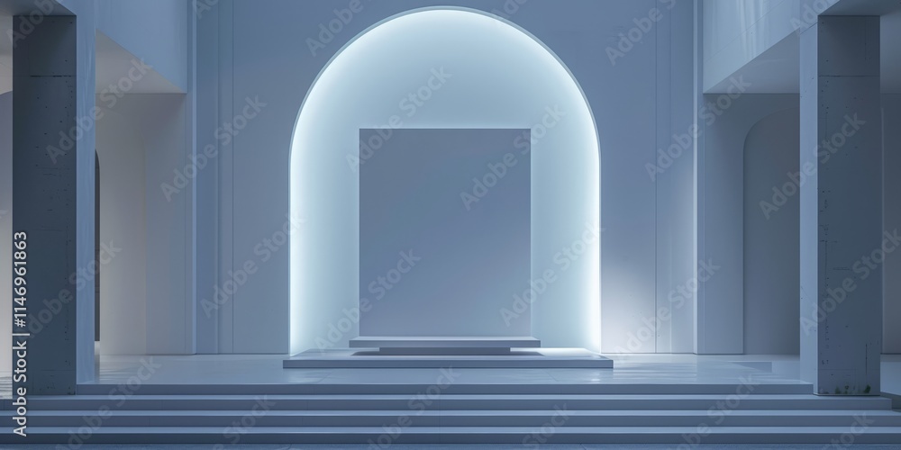 Fototapeta premium A serene minimalist interior featuring soft blue lighting, geometric shapes, and clean lines, creating a modern and tranquil atmosphere.
