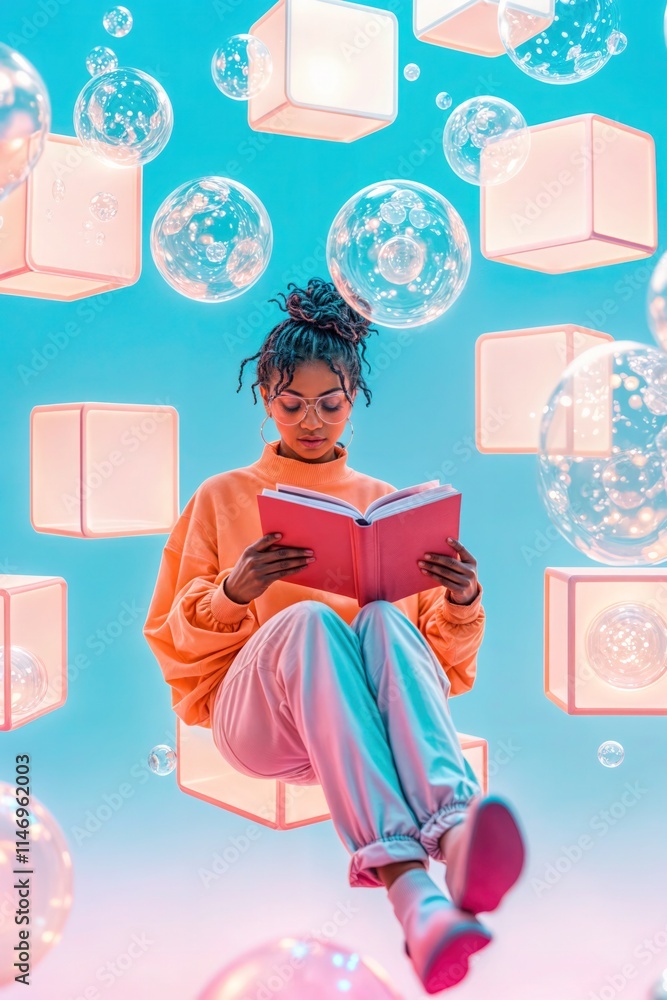 Young woman reading book in surreal floating space with glowing cubes and bubbles