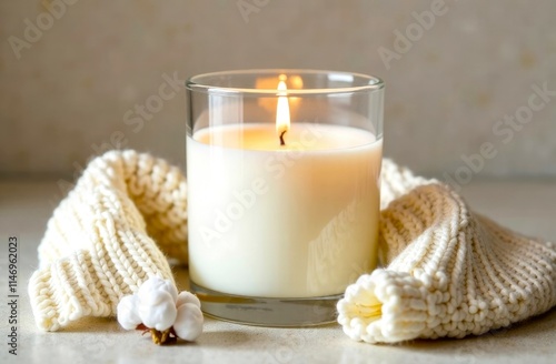 Mockup of a lit candle surrounded by knitted sweater, warm cozy atmosphere. Candle in glass, copy space, total white