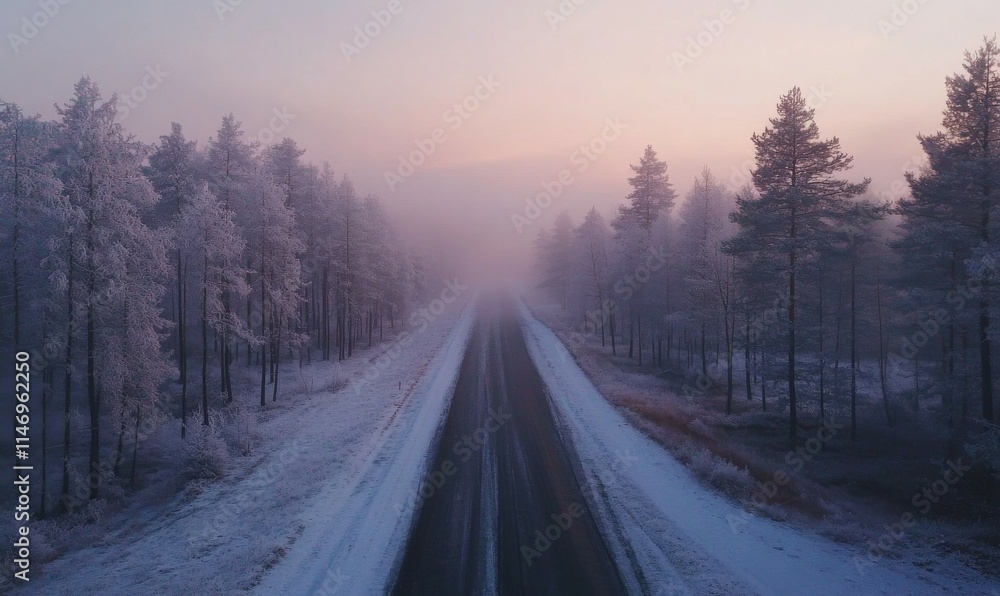 Road with frost-covered trees in winter forest at foggy sunrise. Road with frost-covered trees in winter forest at foggy sunrise.