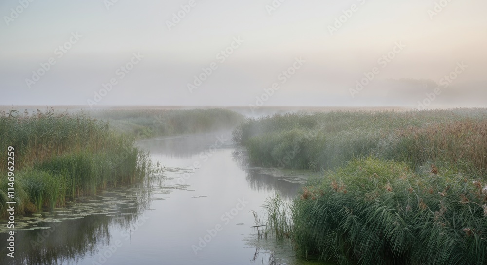 Misty wetland with dense reeds and calm water at dawn Misty wetland with dense reeds and calm water at dawn