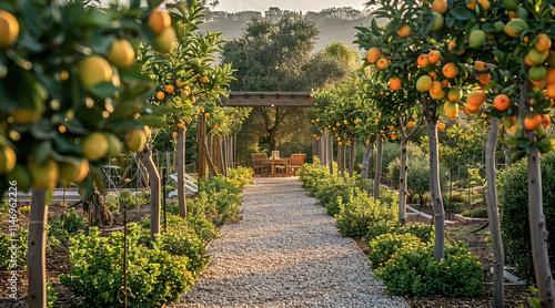 A small backyard orchard, two rows of a mix of fruit trees including avocado, the middle in between is gravel path. At the end of the path there is beautiful pergola with dining space.