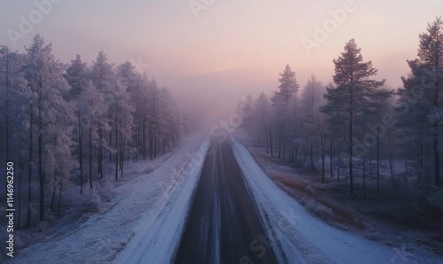 Road with frost-covered trees in winter forest at foggy sunrise.