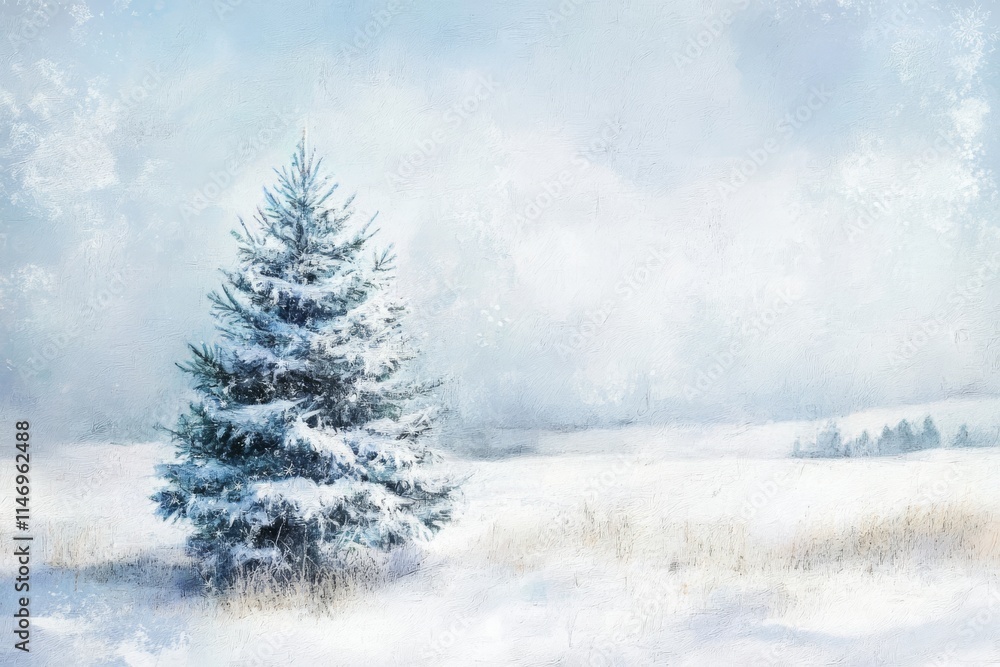 Fototapeta premium A peaceful winter scene featuring a lone pine tree covered in snow, set against a soft, snowy landscape.