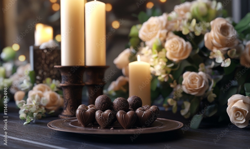 Romantic table with chocolate heart truffles, mocha candles, and a backdrop of creamy floral arrangements. . Romantic table with chocolate heart truffles, mocha candles, and a backdrop of creamy floral arrangements. .
