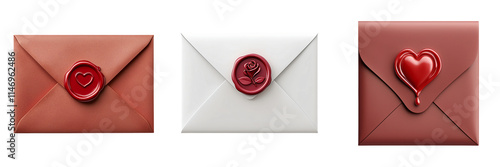 Three elegant envelopes with distinct wax seals, showcasing a rose and heart design, symbolizing romantic correspondence.