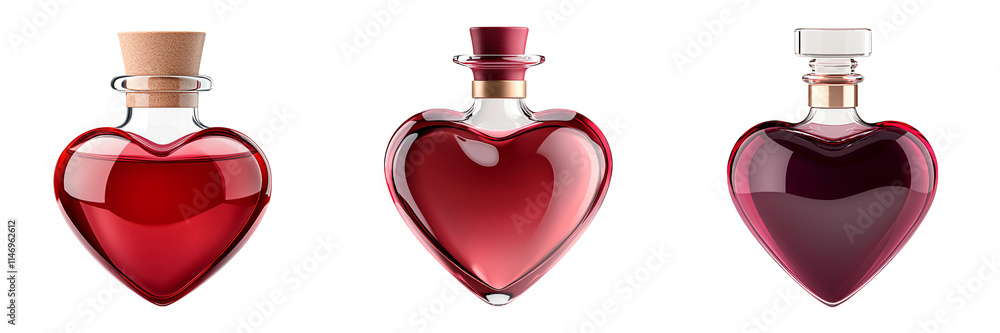 Three heart-shaped bottles in varying shades of red, elegantly designed with distinctive stoppers, conveying a sense of romance and allure. Three heart-shaped bottles in varying shades of red, elegantly designed with distinctive stoppers, conveying a sense of romance and allure.
