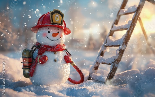 A cheerful snowman dressed as a firefighter with a red helmet, hose, and ladder, standing in a snowy setting