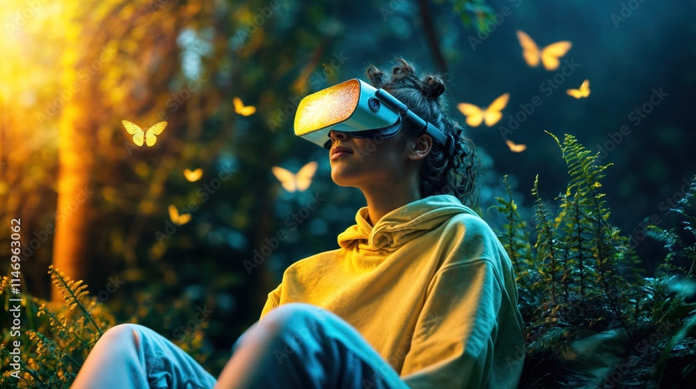 Woman exploring virtual reality forest with glowing butterflies in a serene natural environment