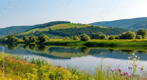 Serene riverside landscape with green hills and flowers