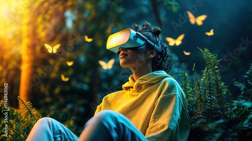 Obraz na płótnie Woman exploring virtual reality forest with glowing butterflies in a serene natural environment
w salonie