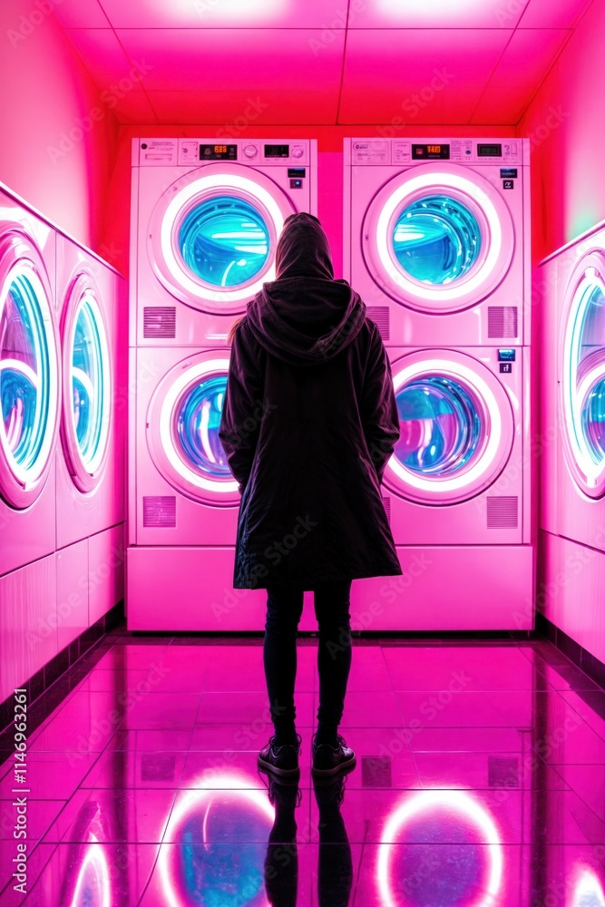 Person standing in neon-lit laundromat with futuristic glowing washing machines