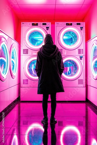 Obraz na płótnie Person standing in neon-lit laundromat with futuristic glowing washing machines
w salonie