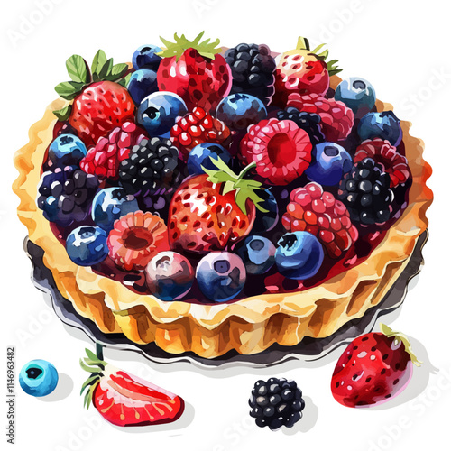 A watercolor vector of a delicious fruit tart with berries, isolated on a white background. Fruit tart berries vector.
