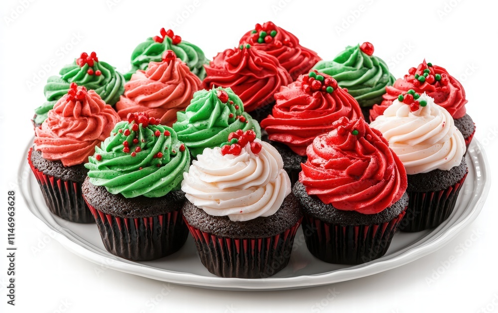 A platter of Christmas cupcakes decorated with red and green frosting, isolated on a white background A platter of Christmas cupcakes decorated with red and green frosting, isolated on a white background