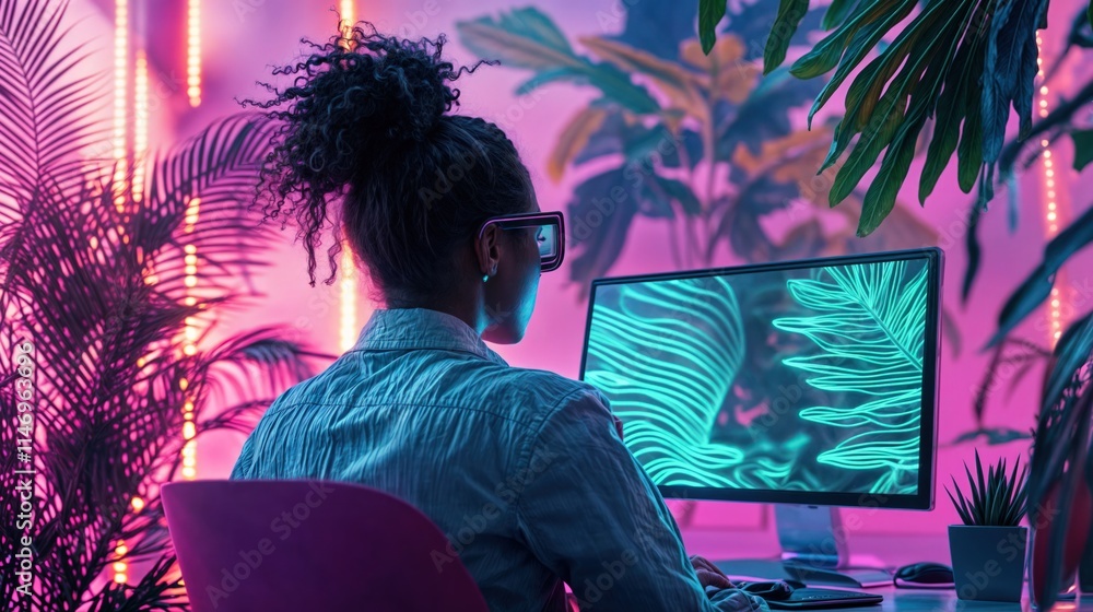 Woman designing digital artwork on a computer in a neon-lit tropical-themed workspace